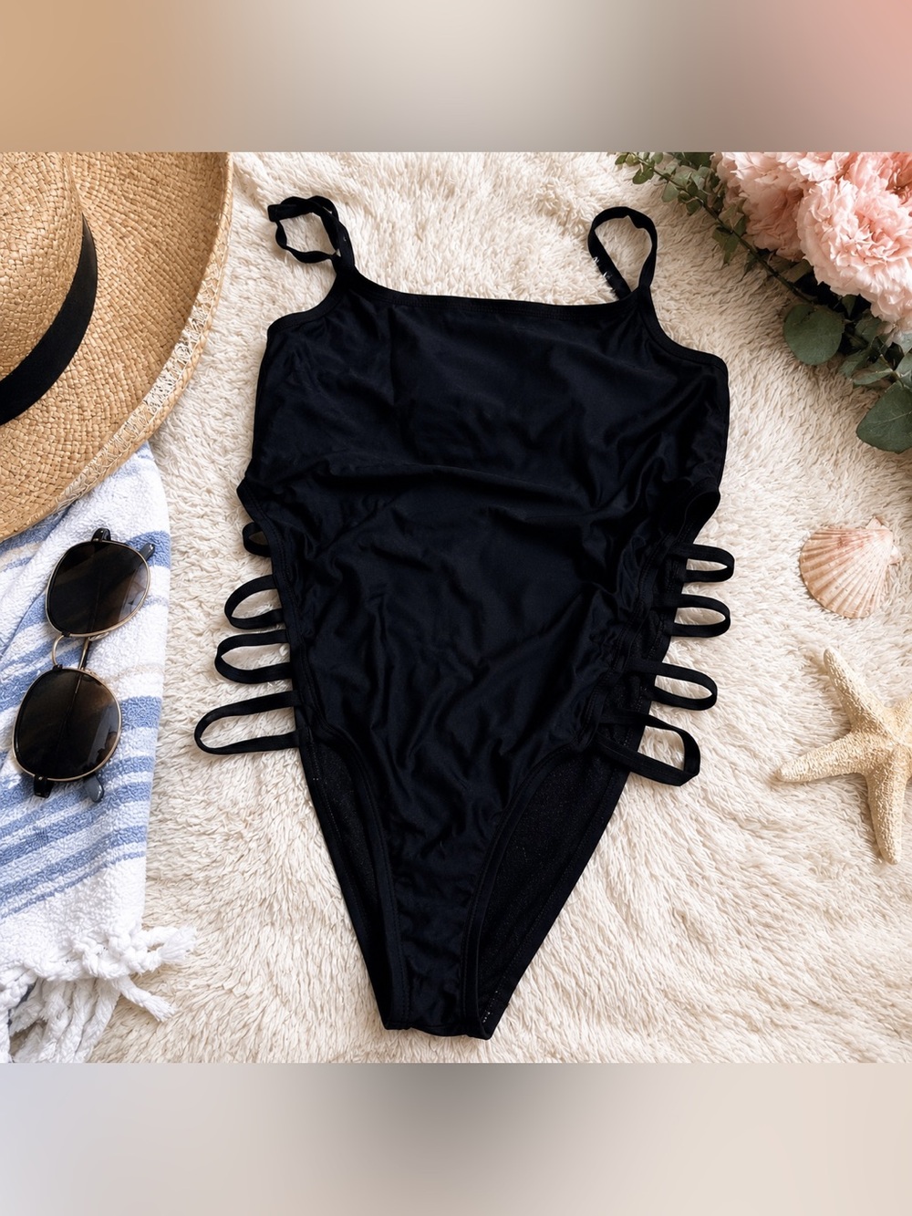 Black Strappy Cutout One Piece Swimsuit HighCut Sexy Swimwear XL 1X Boutique